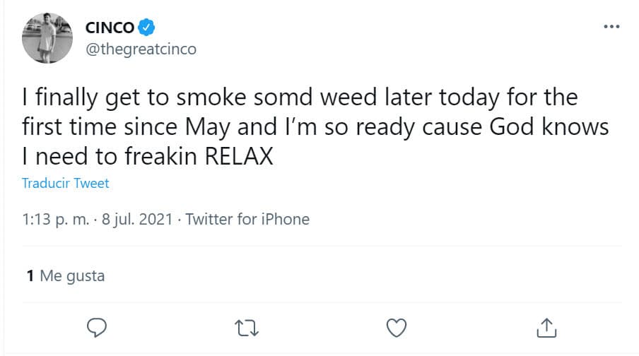 "Estoy tan listo porque 
<b>Dios sabe que necesito relajarme</b>", compartió a sus más de 26,000 seguidores en Twitter.
<br>