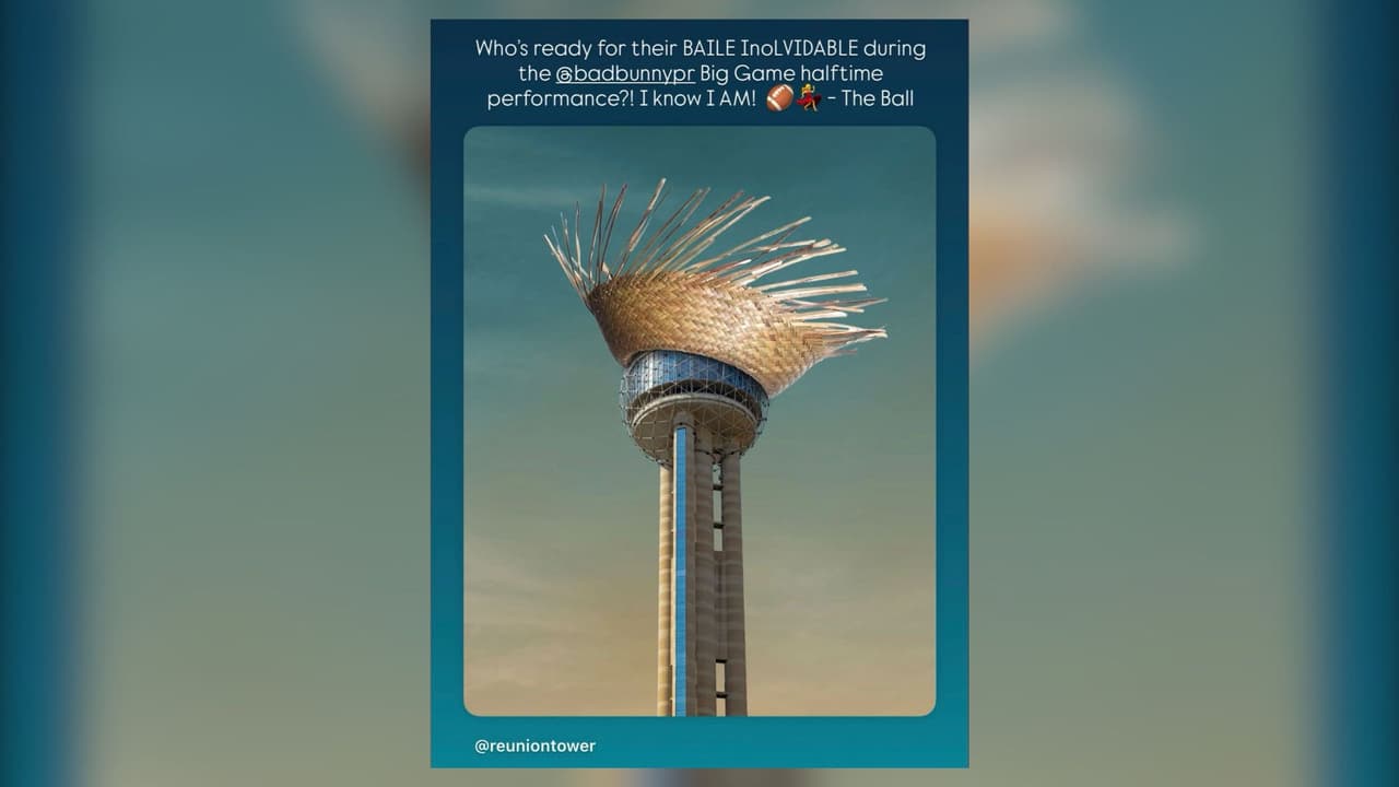 La Reunion Tower compartió esta imagen en Instagram como celebración por el show de medio tiempo de Bad Bunny en el Super Bowl.