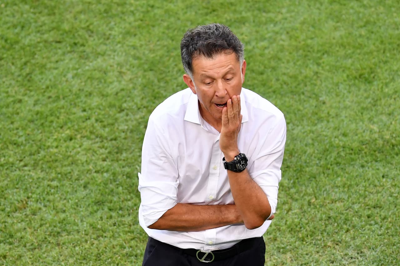SAMARA, RUSSIA - JULY 02: Juan Carlos Osorio, Manager of Mexico reacts during the 2018 FIFA World Cup Russia Round of 16 match between Brazil and Mexico at Samara Arena on July 2, 2018 in Samara, Russia. (Photo by Hector Vivas/Getty Images)