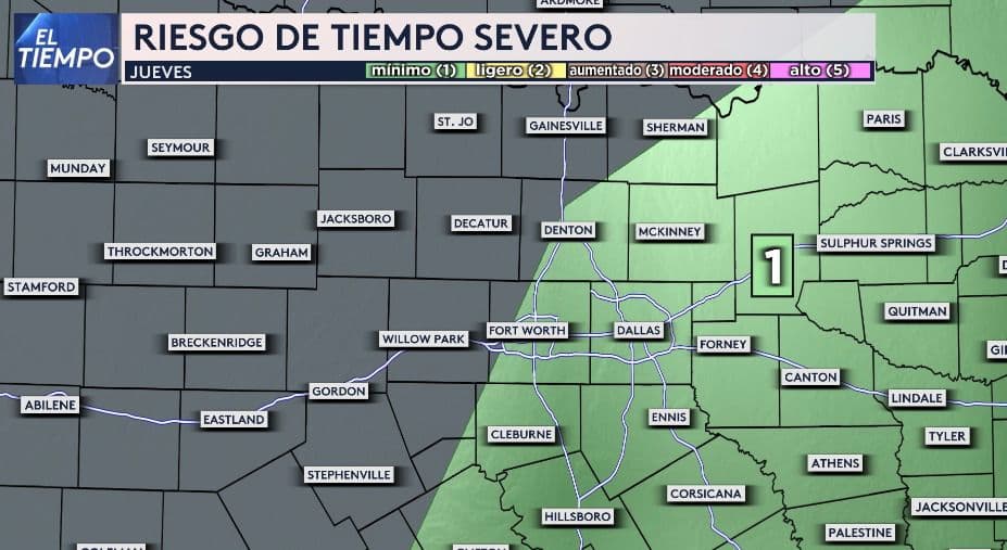 El jueves, 
<b>el riesgo de tiempo severo se mantendrá en 1, dentro de una escala de 1 a 5, afectando el este de la región</b>, incluidas las ciudades de Dallas y Fort Worth.
