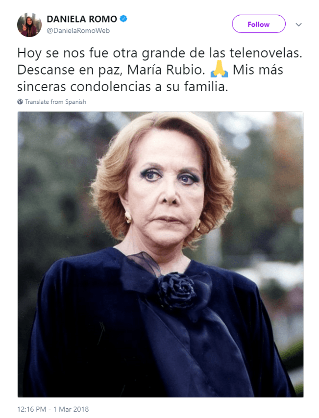 La cantante Daniela Romo también se despidió de la actriz, que debutó en el episodio 'El portal de Belén', del programa de televisión 'Teatro Fantástico', que se transmitió en México del 1955 al 1969.