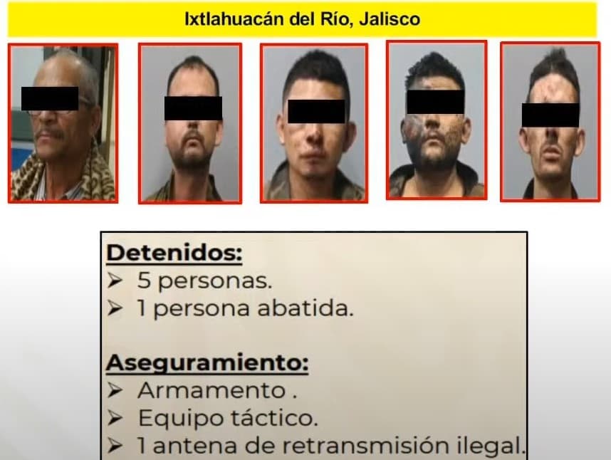 Fotos de los cinco miembros del CJNG detenidos en Jalisco el 9 de agosto de 2022.