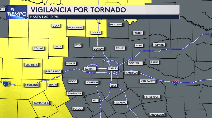 Tenemos una Vigilancia por Tornado para condados del oeste de nuestra región hasta las 10pm.