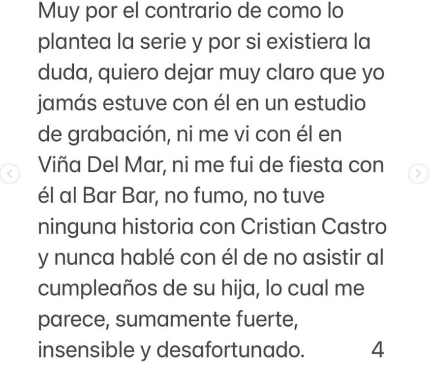 Por ejemplo, negó que haya estado con Luis Miguel "en un estudio de grabación", que se viera con él en Viña del Mar y también que se fueran de fiesta. Recalcó que
<b>no tuvo "ninguna historia con Cristian Castro"</b>, quien aparentemente es representado en la serie con el personaje de Cris Valdés. También rechazó que en alguna ocasión le haya sugerido a 'El Sol'
<b><a href="https://www.univision.com/famosos/michelle-salas-es-pescada-por-paparazzi-celebrando-su-cumpleanos-con-algunos-invitados-extra-en-miami-video" target="_blank">no asistir a un cumpleaños de su hija</a></b>: "Me parece sumamente
<b>fuerte, insensible y desafortunado</b>".