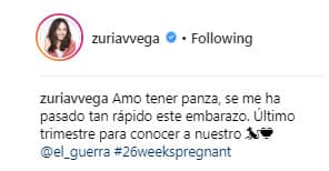 Con este mensaje, Zuria mostró la emoción que siente por la próxima llegada de su hijo.