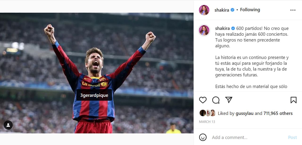 Luego, el pasado 13 de marzo (fecha en la que la pareja ya habría estado enfrentando una vida en separación),
<b>lo felicitó</b> con esta publicación cuando cumplió 600 partidos con el equipo del Barcelona.
<br>