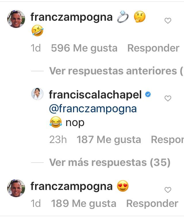 Efectivamente, el bello anillo de compromiso no estaba en su mano (o al menos no se veía en la foto) pero Francisca negó que estaba hablando de la joya. Por su parte, los seguidores siguieron apostando a que eran las extensiones o incluso él, quien debía estar en la foto.