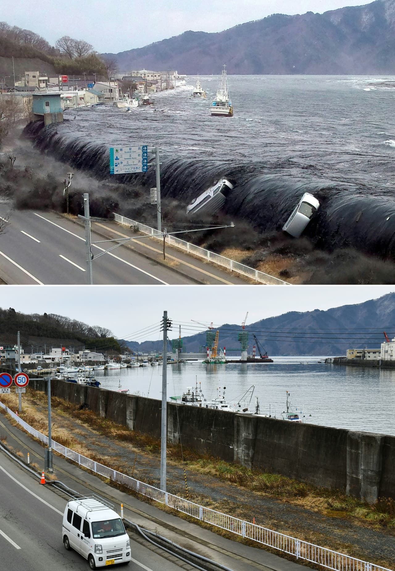 Miyako, prefectura Iwate. 11 de marzo 2011 y 28 de enero de 2021. El tsunami masivo inundó más de 200 millas cuadradas de tierra costera. Se estimó que las olas llegaban a los 124 pies (38 metros), la altura de un edificio de 12 pisos.