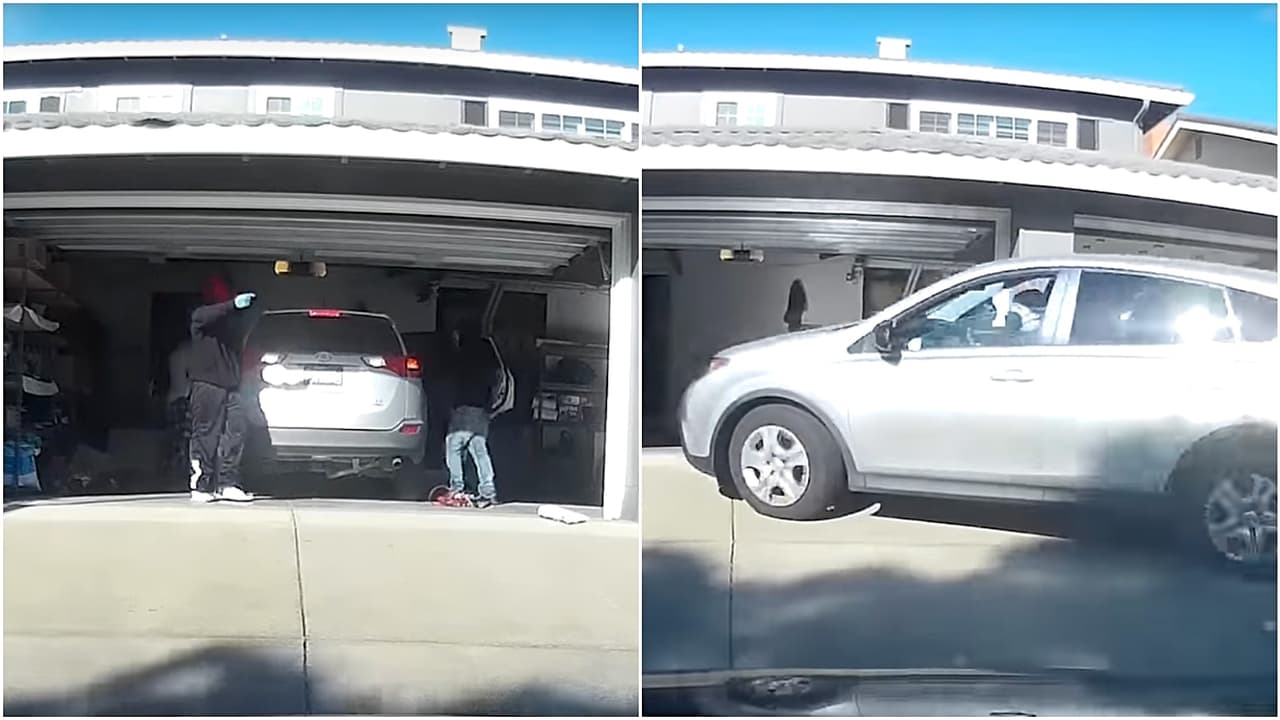 Mujer abre la cochera de su casa y sorprende a ladrones robando y amenazando a su esposo