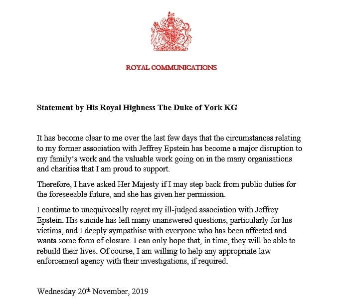 La carta que porta el sello real en color rojo fue compartida por el duque de York el pasado 20 de noviembre.