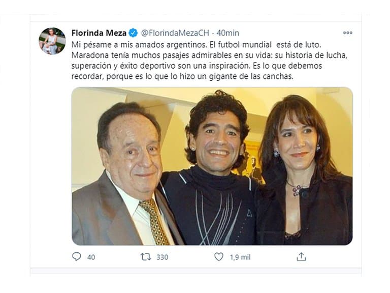 “Mi pésame a mis amados argentinos. El fútbol mundial está de luto. 
<b>Maradona</b> tenía muchos pasajes admirables en su vida: su historia de lucha, superación y éxito deportivo son una inspiración. Es lo que debemos recordar, porque es lo que lo hizo un gigante de las canchas”, escribió 
<b>Florinda Meza</b> junto a una foto también con 
<b>Robert Gómez Bolaños</b>.