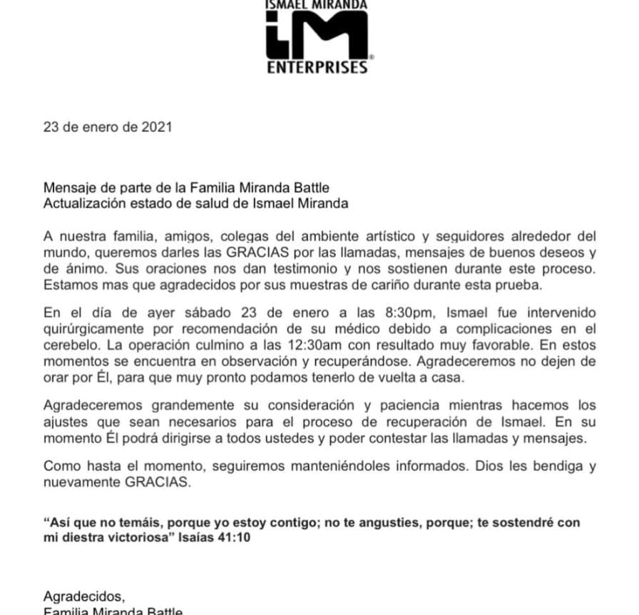 "Ismael fue intervenido quirúrgicamente por recomendación de su médico debido a
<b><a href="https://www.instagram.com/p/CKbdFeZhytH/" target="_blank"> complicaciones en el cerebelo</a></b>", se lee. 
<br>
