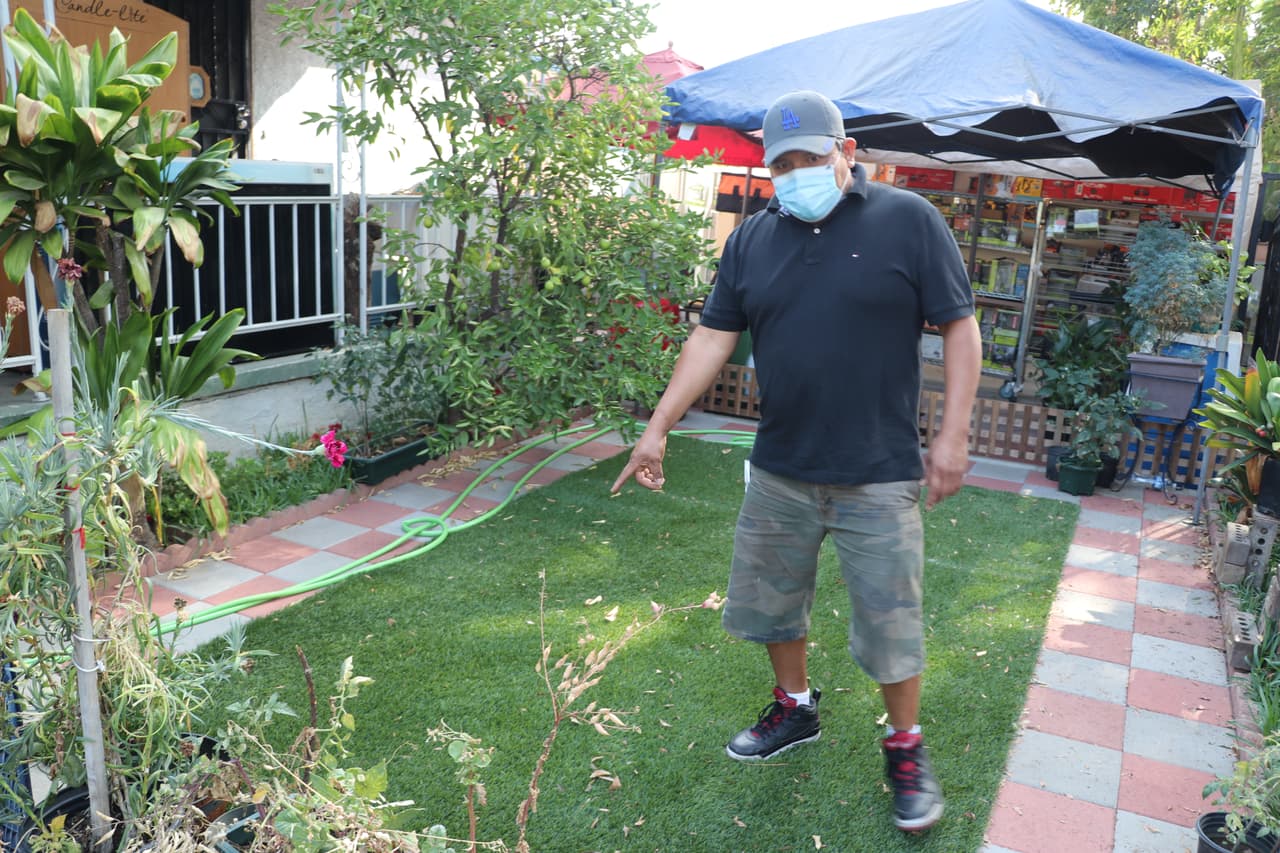 Pedro Gutiérrez, residente en el Este de Los Ángeles señala el pasto sintético que colocaron encima de la tierra de su pequeño jardín para tapar la contaminación por plomo y arsénico que emanaba de la planta procesora de baterías de automóviles, en ,a ciudad de Vernon, California.