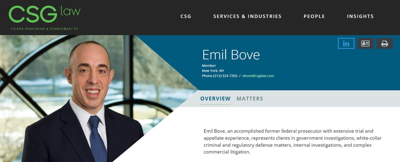 Emil Bove is the former head of the National Security and International Narcotics unit at the Southern District of New York. He joined the lawfirm CSG in January 2022.