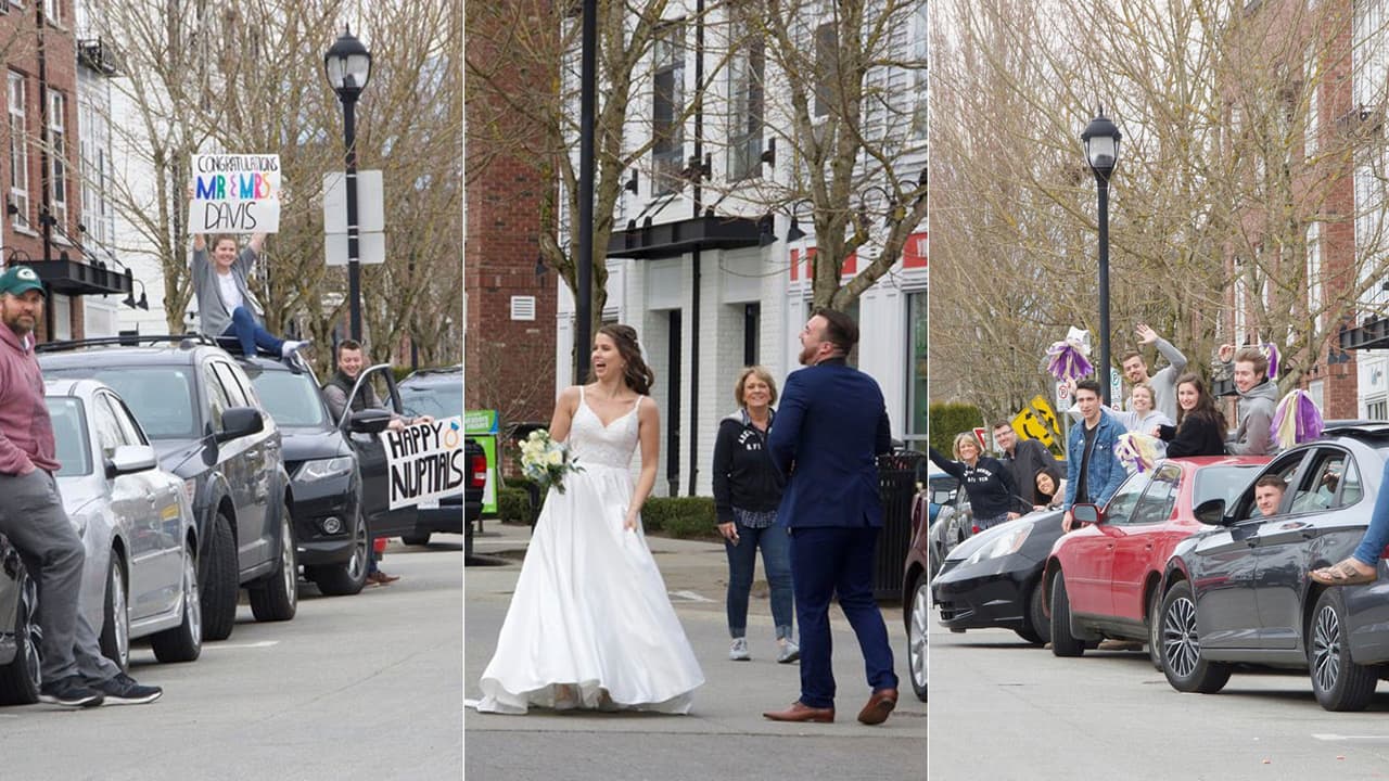 Sus amigos más cercanos y vecinos salieron en sus carros y respetando el distanciamiento social, le dieron tremenda sorpresa a la pareja.