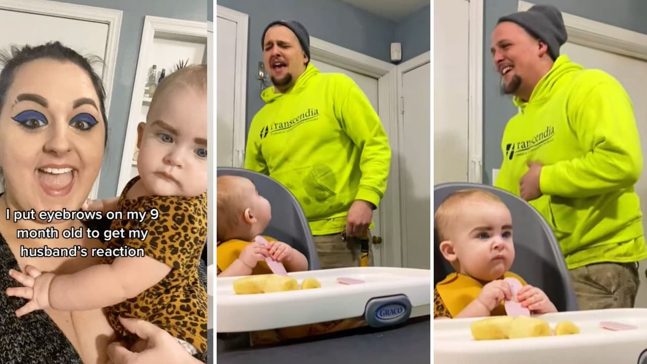 Mamá le dibuja cejas falsas a bebé y su esposo termina con un ataque de risa con su apariencia