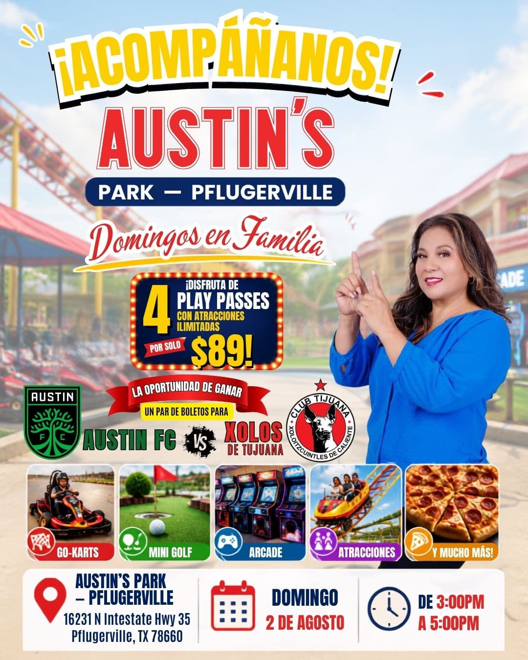 🎢🎉 ¡Este domingo la diversión te espera en Austin's Park tu oportunidad de ganar boletos para AUSTIN FC VS XOLOS TIJUANA! 🌟