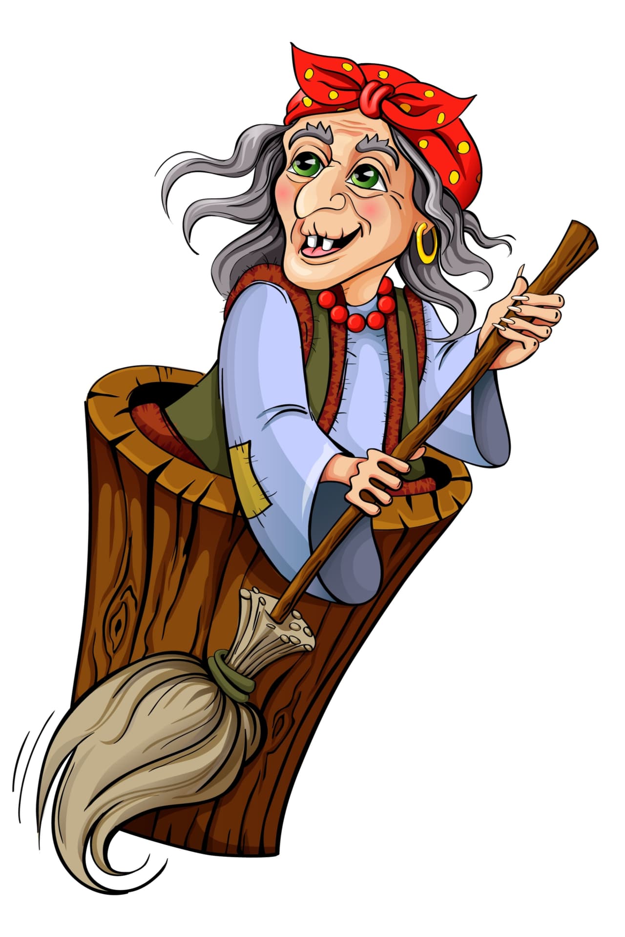 Además, no es la típica bruja de escoba y sombrero puntiagudo, pues ella misma se traslada en un gigantesco caldero o mortero de piedra o madera y se empuja con un enorme palo. Cuando el bosque truena o una ventisca mueve repentinamente a los árboles, es señal de que viene en camino.