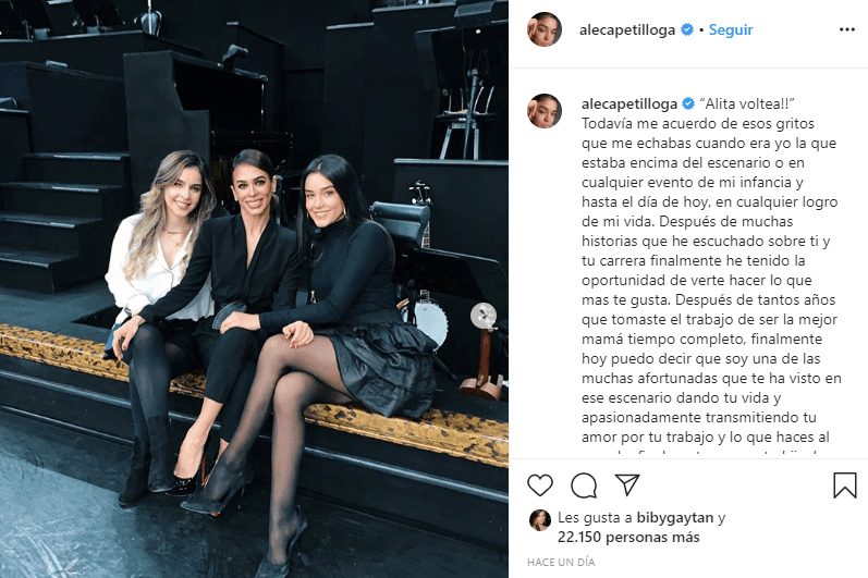 Por su parte, Alejandra le dedicó un emotivo mensaje a su madre a través de Instagram para expresar lo orgullosa que se sentía de ella por verla nuevamente arriba de los escenarios.