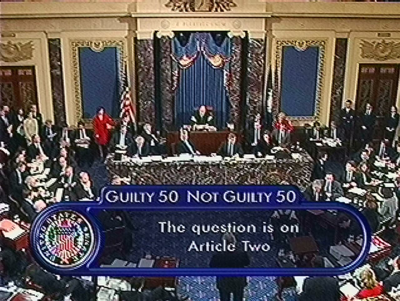 Esta imagen, tomada de la transmisión televisiva del ‘impeachment’ contra Clinton, muestra la votación 50-50 que lo absolvió del segundo artículo de juicio político, que lo acusaba de obstrucción de la justicia. Aunque la bancada republicana tenía 55 escaños y la demócrata 45, no lograron completar los dos tercios necesarios para la culpabilidad. En el Senado de hoy la ventaja también la tienen los republicanos, que controlan 53 escaños, versus 45 demócratas y 2 independientes. Algunos congresistas republicanos son críticos con Trump y podrían ser determinantes.