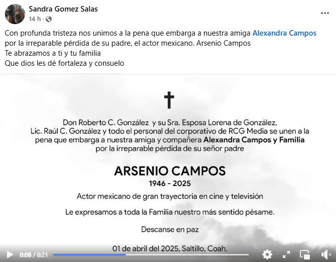 La muerte del actor Arsenio Campos se dio a conocer en Facebook.