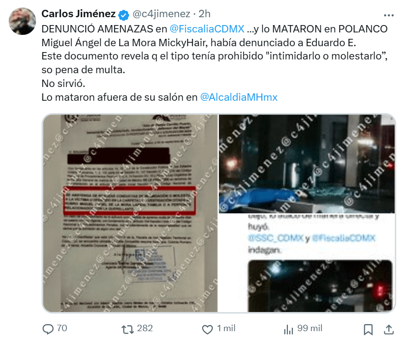 'Micky Hair' denunció haber recibido amenazas, según el periodista Carlos Jiménez.