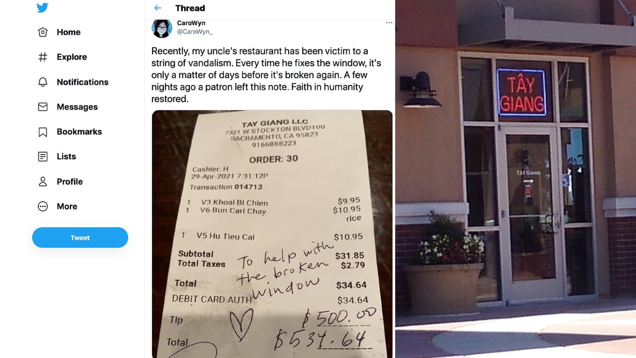 "Restaura mi fe en la humanidad": restaurante recibe propina de $500 para arreglar daños de vandalismo