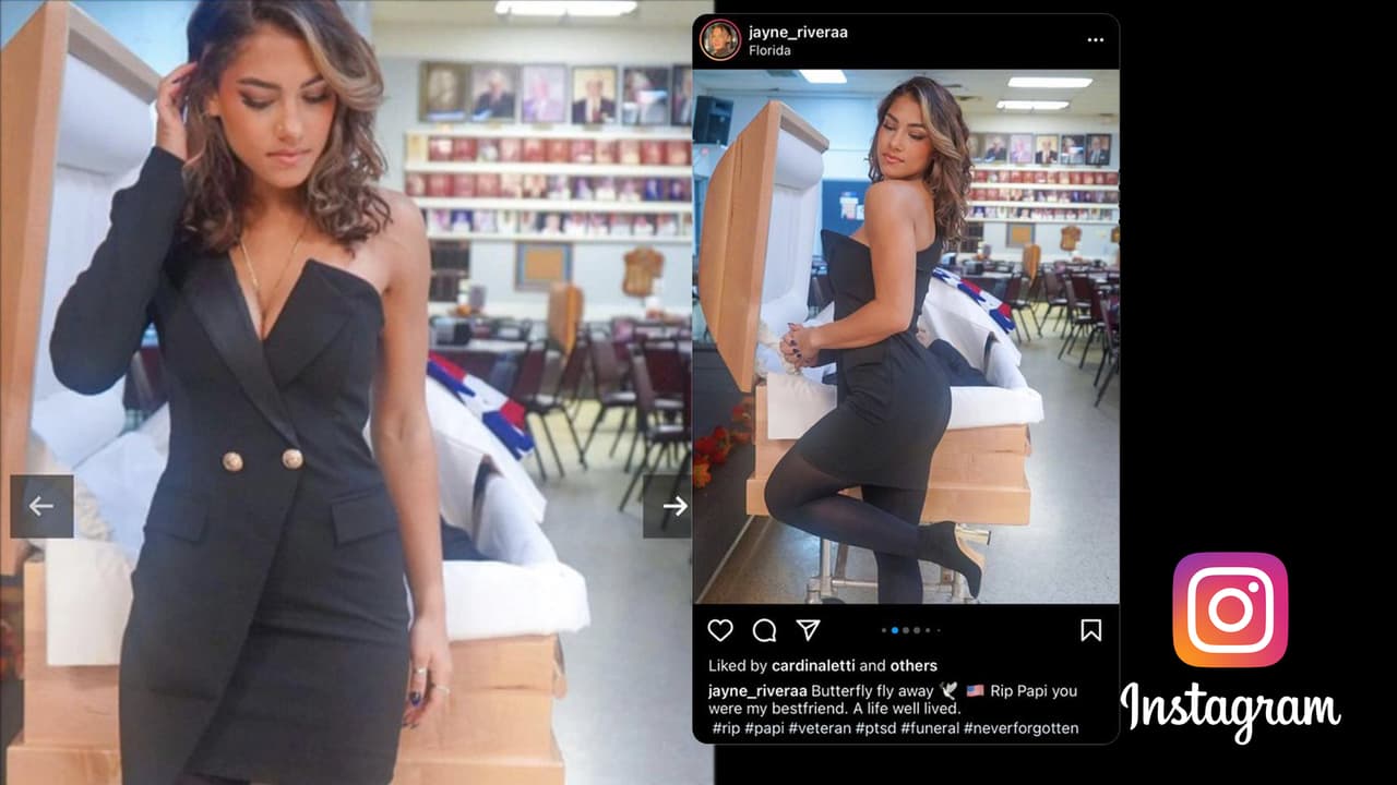 Jayne Rivera, la influencer que posó junto al ataúd abierto de su padre.