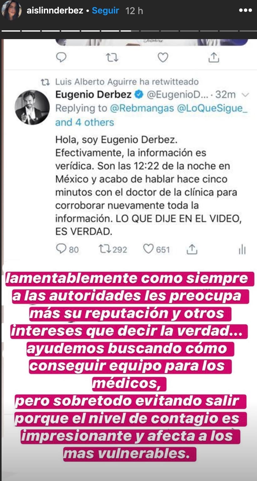 "Lamentablemente como siempre a las autoridades 
<b>les preocupa más su reputación</b> y otros intereses que decir la verdad… ayudemos a buscar cómo conseguir equipo para los médicos", escribió el lunes en sus historias de Instagram. 
<br>