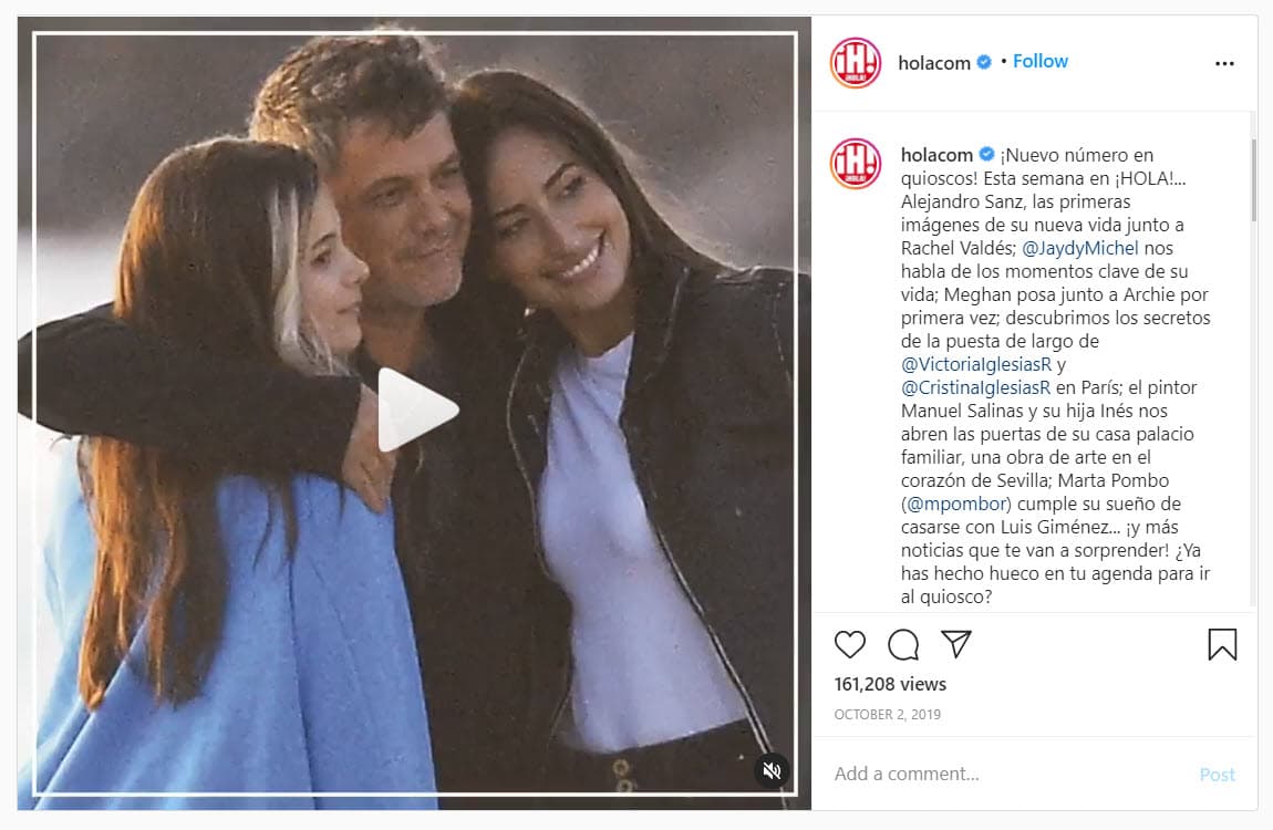 La pareja fue captada por la revista 
<a href="https://www.instagram.com/p/B3GvLKeoqhE/?utm_source=ig_embed" target="_blank">¡Hola!</a> en octubre de 2019 en un viaje junto a Manuela, la hija que el cantante procreó con Jaydy Michel.
<br>