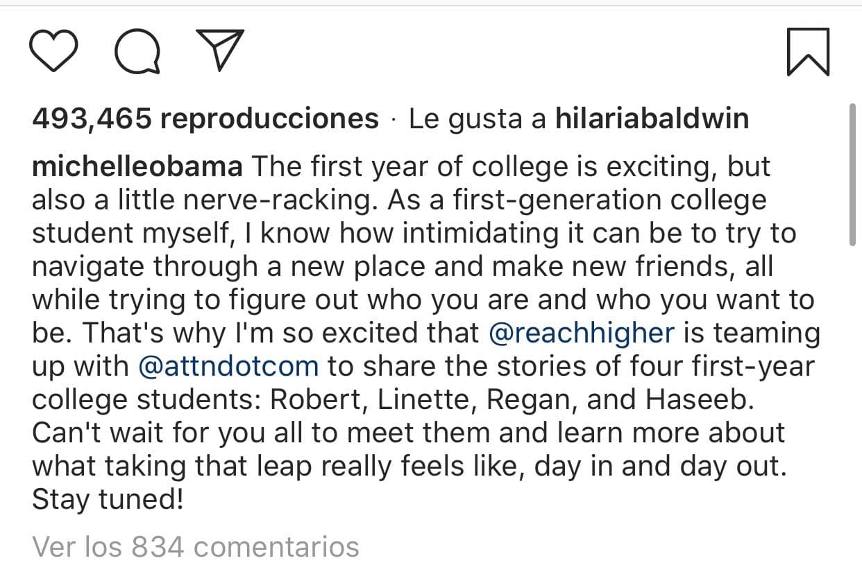 "El primer año de la universidad es emocionante, pero también un poco estresante. Como estudiante universitaria de primera generación, sé lo intimidante que puede ser tratar de navegar a través de un nuevo lugar y hacer nuevos amigos. Todo mientras tratas de descubrir quién eres y quién quieres ser", escribió la esposa del expresidente Barack Obama.
<br>