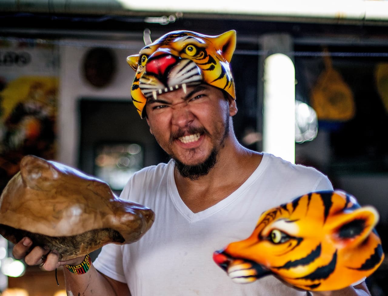 Las máscaras tocados asemejan toros, tigres, leones y aves, así como los personajes del Carnaval de Barranquilla, como marimondas y congos elaborados por artesanos del norte de Colombia.