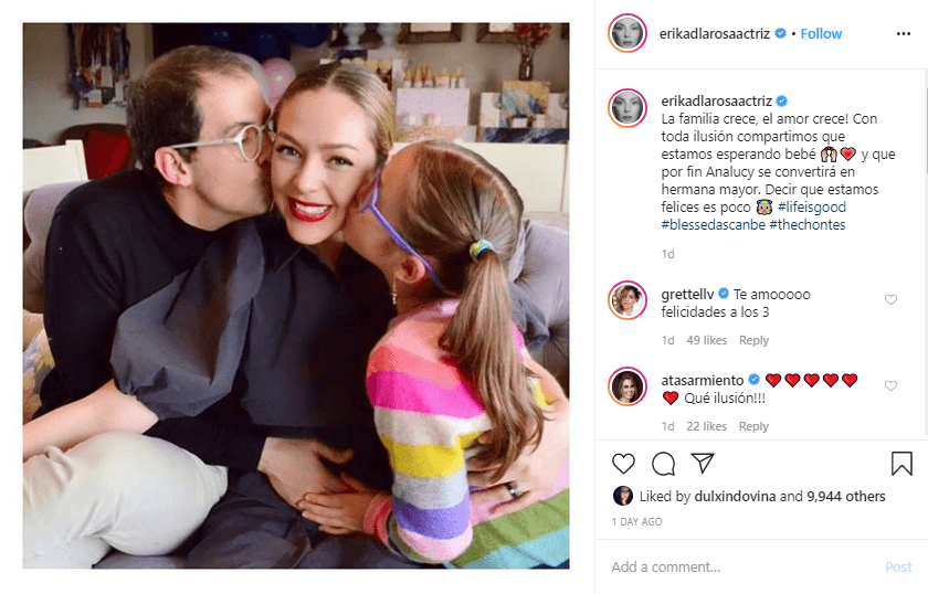 La actriz mexicana confirmó su embarazo el pasado domingo 1 de marzo con esta publicación de Instagram: "La familia crece, ¡el amor crece! Con toda ilusión compartimos que estamos esperando bebé y que por fin Ana Lucy se convertirá en hermana mayor. Decir que estamos felices es poco”, escribió.