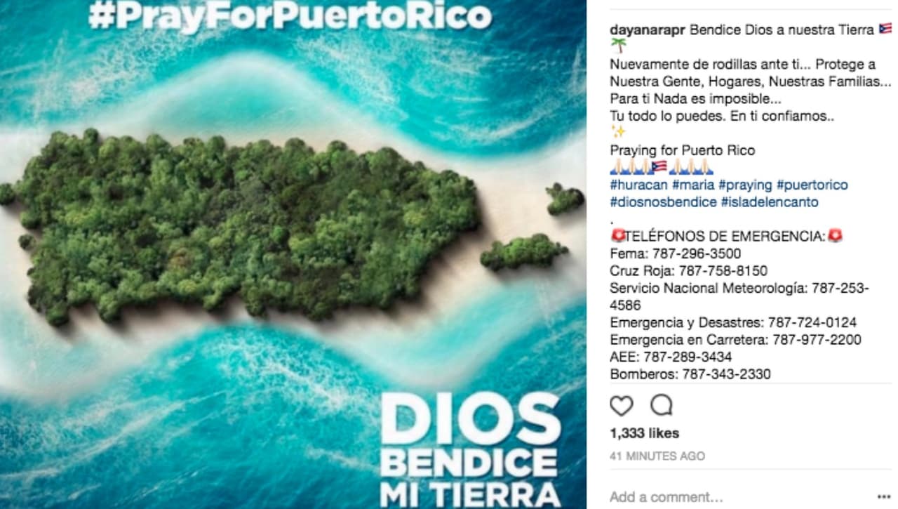 Miss Universo 1993, la actriz y modelo Dayanara Torres pidió a Dios que proteja a Puerto Rico del huracán María: "Nuevamente de rodillas ante ti... Protege a nuestra gente, hogares, nuestras familias... Para ti nada es imposible... Tú todo lo puedes. En ti confiamos".