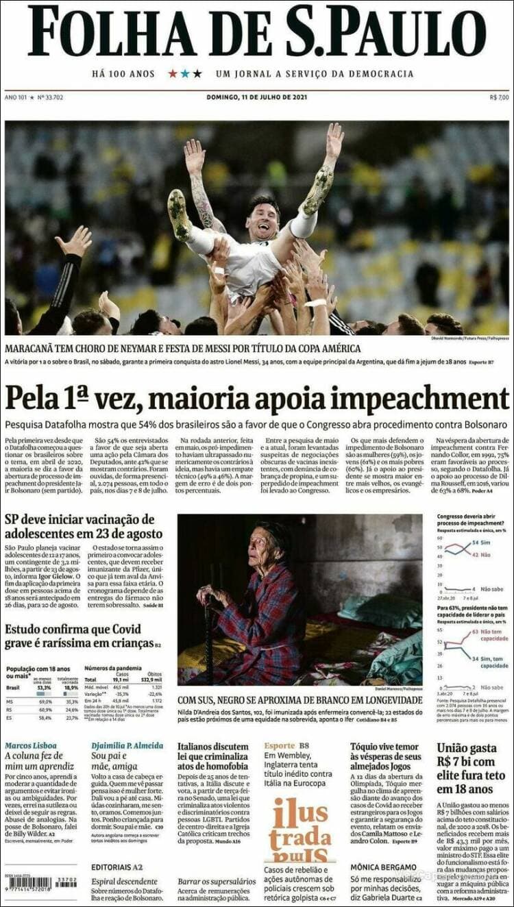 Argentina rompe la maldición y 28 años después consigue, de la mano de Lionel Messi, el título de campeones de la Copa América. La prensa argentina enaltece la hazaña, así como la prensa internacional del continente americano.