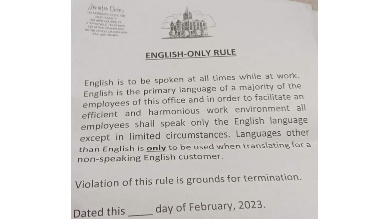 Esta fue la carta que Verónica Cajamarca recibió en una oficina del condado Erath donde pedían que sólo hablara inglés.