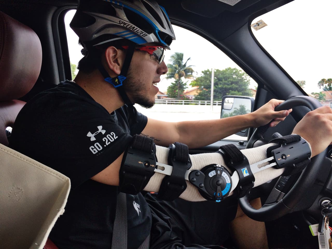 José Delfin recovering from reconstructive 'Tommy John' surgery in 2014 on his pitching elbow. Courtesy of the Fernández family/Univision.