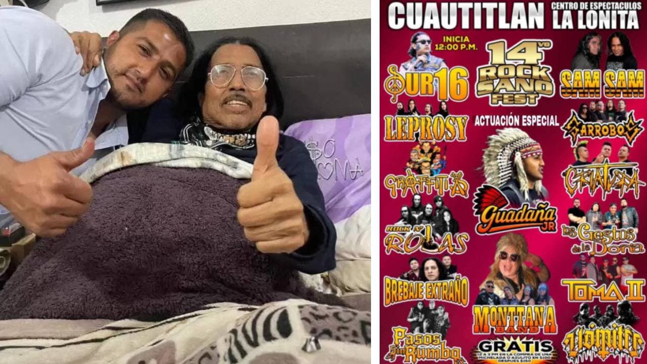 David Lerma 'Guadaña' con su hijo Óscar Lerma; póster del evento de rock, donde fue asesinado 'Guadaña Jr.'.