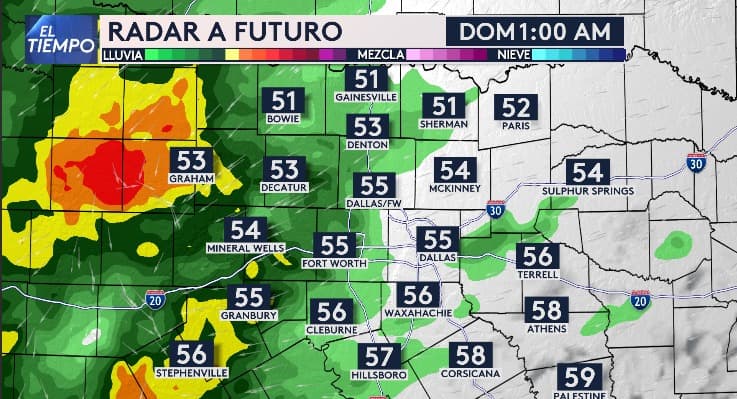 El domingo por la madrugada, a eso de la 1AM, vemos que un sistema entra más fuerte por el oeste del Metroplex de Dallas - Fort Worth.