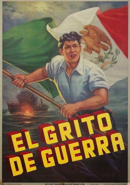 Una ilustración del llamado a la guerra tras el ataque de submarinos alemanes a embarcaciones mexicanas en 1942.