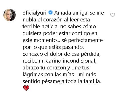 Yuri le escribió: "Amada amiga, 
<b>se me nubla el corazón</b> al leer esta terrible noticia, no sabes cómo quisiera poder estar contigo en este momento... sé perfectamente por lo que estás pasando, conozco el dolor de esa pérdida, recibe mi cariño incondicional, abrazo tu corazón y une tus lágrimas con las mías... mi más sentido pésame a toda la familia".
