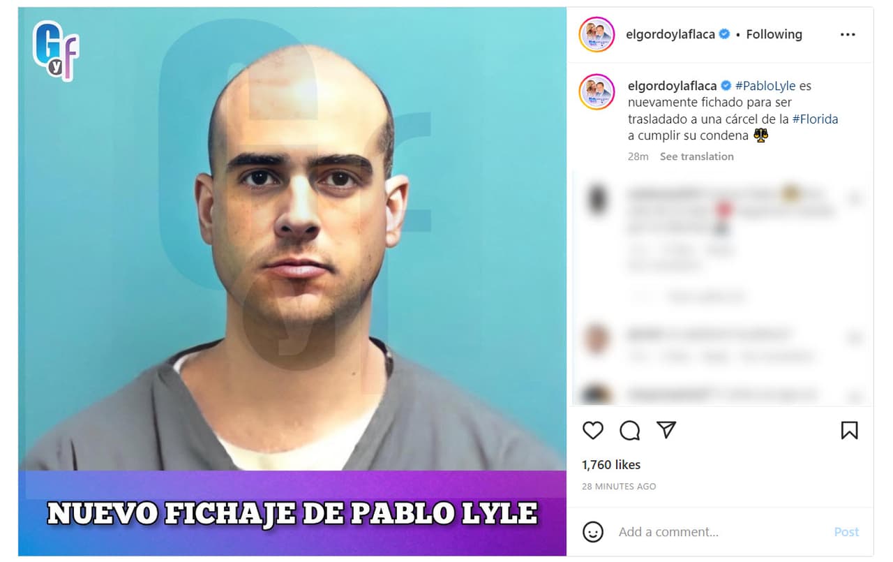 La imagen de Pablo Lyle para su fichaje y traslado a la cárcel de Florida en donde purgará su condena.