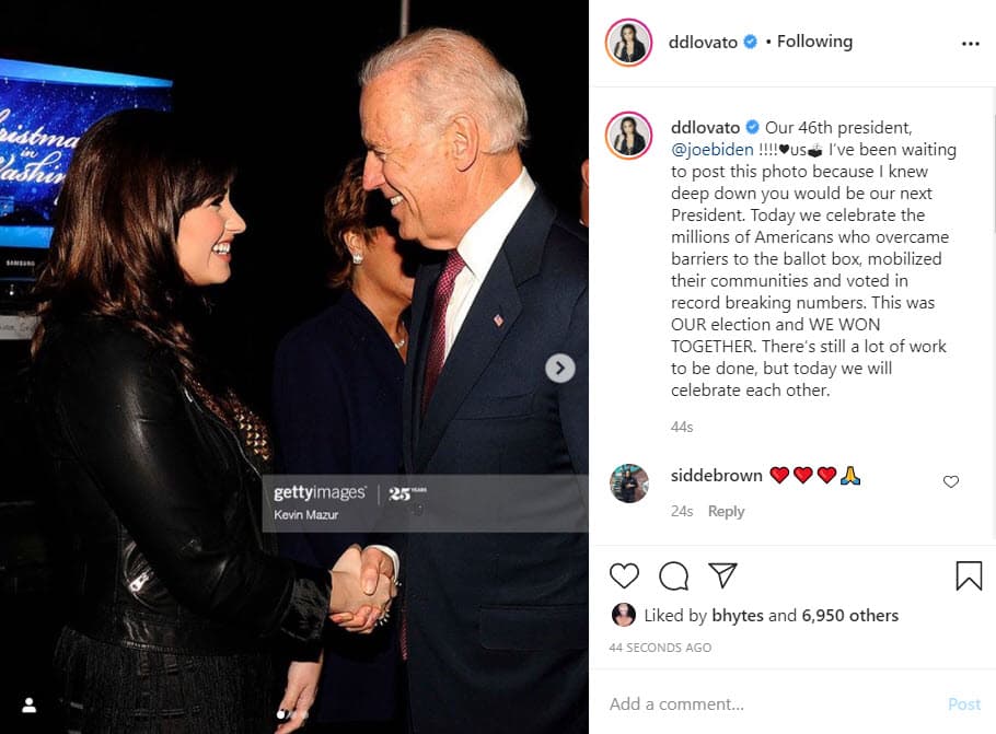 La cantante
<b>Demi Lovato</b> mandó un mensaje en Instagram: "¡Nuestro presidente número 46, Joe Biden! He estado esperando para publicar esta foto porque sabía en el fondo que usted sería nuestro próximo presidente".
