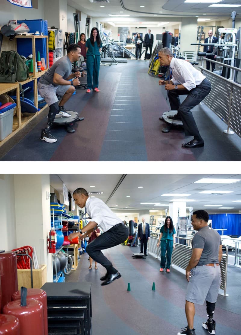 <b>21 de junio.</b> Durante su gobierno, Barack Obama ha visitado regularmente a heridos de guerra del Centro Médico Militar Nacional Walter Reed; aquí interactúa en pruebas de agilidad física con el Comandante Jon 'Jae' Terry.