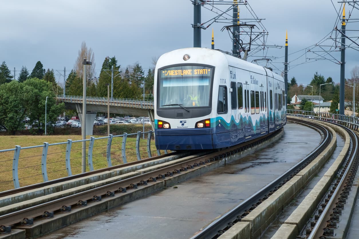 Tukwila, USA - January 16, 2016: Sound Transit Link Light Rail approaching the Tukwila station, its first stop after leaving SeaTac airport on its trip into Seattle.