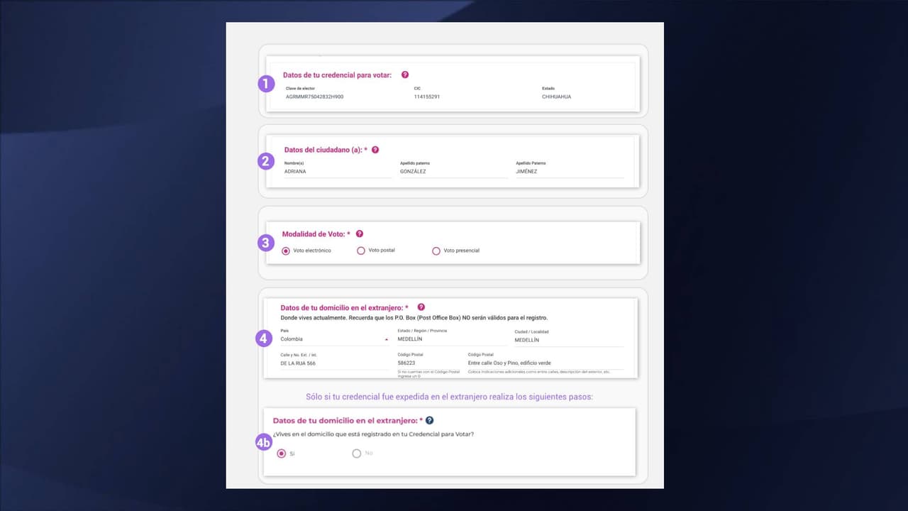 <b>Completa el siguiente formulario</b>, verifica que tus datos estén correctos, y decide la forma en que deseas votar (voto electrónico, voto postal o voto presencial) y la candidatura por la que votarás (presidencia, gobernaturas, senadurías o diputaciones).