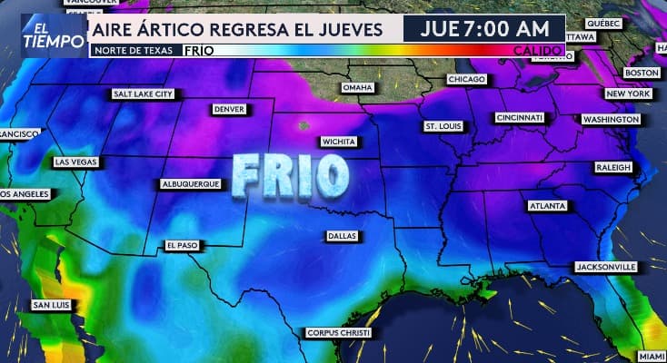 Nuestra experta del tiempo, Angela Del Río, nos señala que a partir de la mañana del jueves,
<b>el frente ártico impactará extensas áreas del país</b>, incluyendo el estado de la Estrella Solitaria.