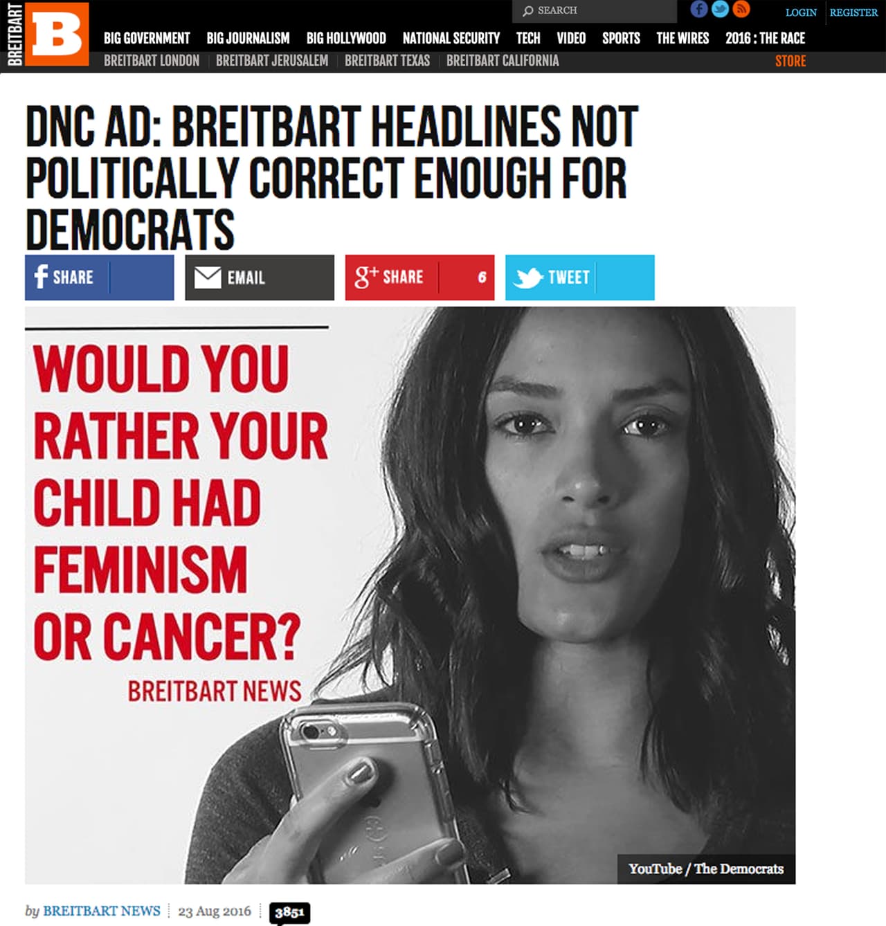 "Anuncio del Partido Demócrata: los titulares de Breitbart no son lo suficiente políticamente correctos para los demócratas". En este anuncio de Breitbart se lee: "¿Preferiría que su hijo tuviera feminismo o cáncer?".
<br>