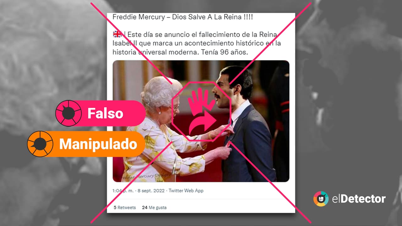 <h3 class="cms-H3-H3"><b>Una foto manipulada afirma que condecoró a Freddie Mercury </b></h3>
<br>
<br>La fotografía en la que supuestamente la reina Isabel II condecora a Freddie Mercury, vocalista de la banda de rock Queen, es 
<b>falsa</b>. Lo que circuló en Twitter fue una 
<b>imagen manipulada</b>, en la cual se superpuso la cabeza del recordado músico sobre una foto verdadera.
<br>
<br>El que sí recibió el título de Miembro del Imperio Británico (MBE, en inglés) fue Jenson Button, campeón de la Fórmula 1 y de origen inglés, quien se ve en la foto original sonriendo mientras la matriarca de la Casa Real de los Windsor le ponía la orden en el pecho en junio de 2010, durante una 
<a href="https://www.marca.com/2010/06/02/motor/formula1/1275490224.html"><u>ceremonia en el Palacio de Buckingham</u></a>. En 
<b>elDetector </b>la hallamos luego de hacer una 
<a href="https://tineye.com/search/1319960ab29138203c15f4bff31c6c4e9278550a?sort=score&order=desc&page=1"><u>búsqueda inversa de imágenes en TinEye</u></a>.
<br>
<br>La imagen se encuentra en la 
<a href="https://www.alamy.com/stock-photo-investiture-at-buckingham-palace-110994640.html?irclickid=VaexjDzxdxyNUDE0tWQJbQBGUkDW3p1H%3AyUoU40&utm_source=77643&utm_campaign=Shop%20Royalty%20Free%20at%20Alamy&utm_medium=impact&irgwc=1"><u>web del banco de imágenes </u><i>Alamy</i></a>, donde se confirmaron los datos de este evento y sus protagonistas. Además, el mismo piloto de carreras 
<a href="https://www.instagram.com/p/CeTvvyVL58X/"><u>publicó la foto en su cuenta de Instagram</u></a>, para recordar aquel momento, durante la celebración del Jubileo de Platino de lsabel II, el 2 de junio de 2022.
<br>