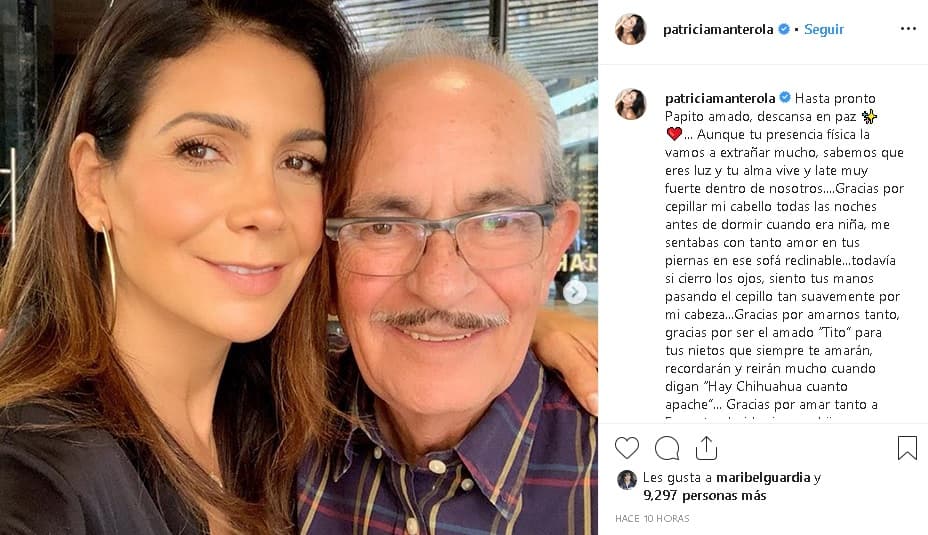 El viernes 4 de octubre, la exintegrante de Garibaldi confirmó el deceso con un emotivo mensaje en Instagram: "
<b><a href="https://www.univision.com/famosos/hasta-pronto-papito-patricia-manterola-se-despide-de-su-padre-tras-ser-encontrado-muerto-en-un-auto-fotos" target="_blank">Hasta pronto papito </a></b>amado, descansa en paz […] Gracias por cepillar mi cabello todas las noches antes de dormir cuando era niña […] Hasta pronto papito, estoy en paz porque sé que estás en paz... Te amo", escribió.